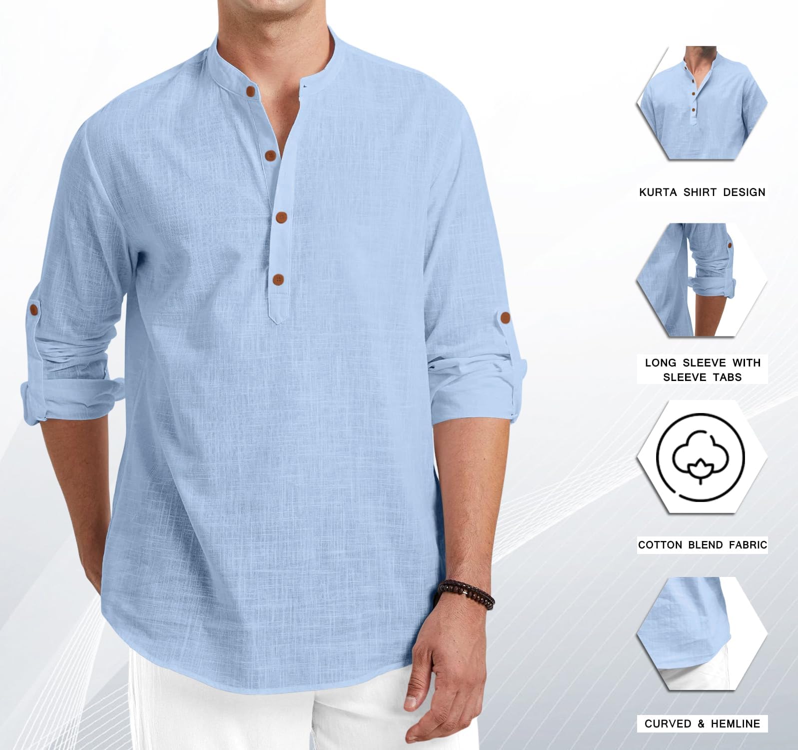 Royalscout Men Cotton Blend Full Sleeve Short Kurta Sky
