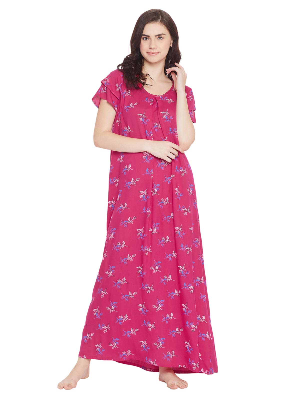 Clovia Womens Blended Floral Long Length Casual Regular Nighty (NS1096P14L_Pink_L)