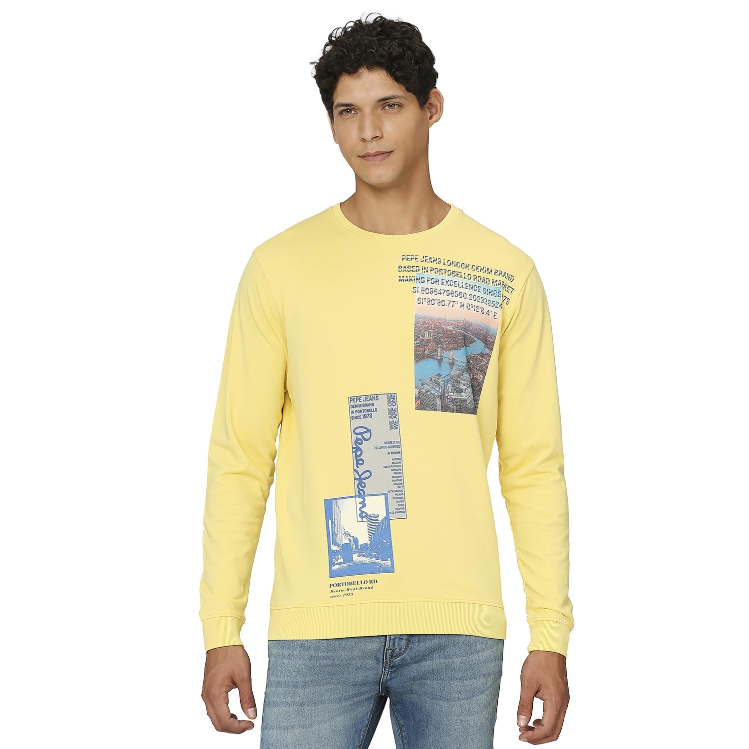 Pepe Jeans MenS Pure Cotton Crew Neck Sweatshirt (Pm582596_Yellow_Pale