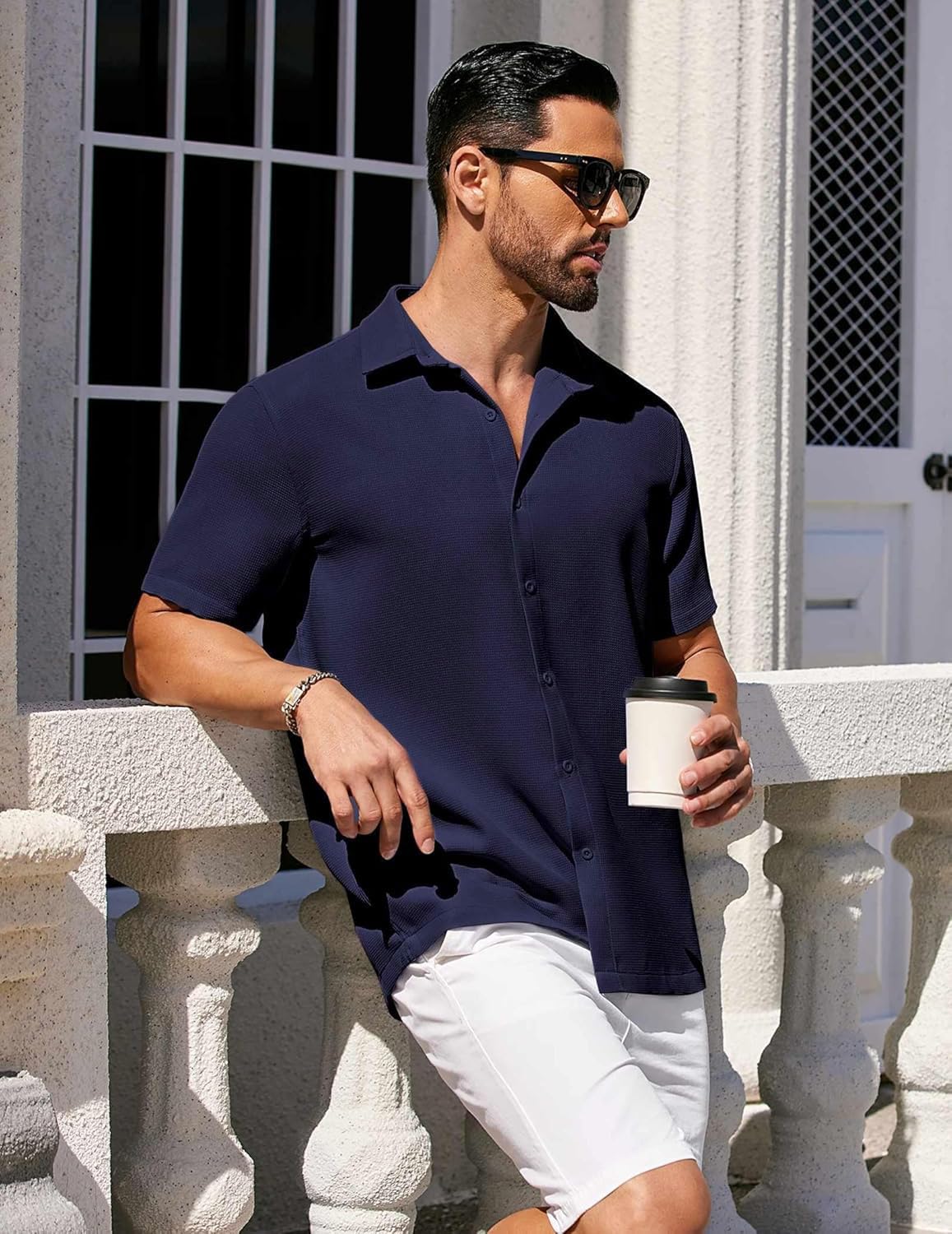 CB-COLEBROOK Mens Waffle Knit Shirt Short Sleeve Button Down Shirts Casual Beach Vacation Shirts Latest Textured Wrinkle Free Sh