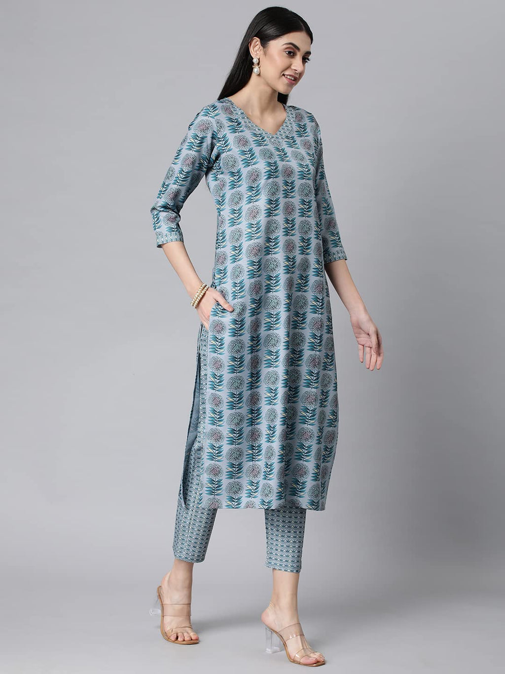 ANNI DESIGNER Womens Cotton Blend Printed Straight Kurta with Pant (Jinki-Grey_XXL_Dark Blue_XX-Large)