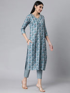 ANNI DESIGNER Womens Cotton Blend Printed Straight Kurta with Pant (Jinki-Grey_XXL_Dark Blue_XX-Large)