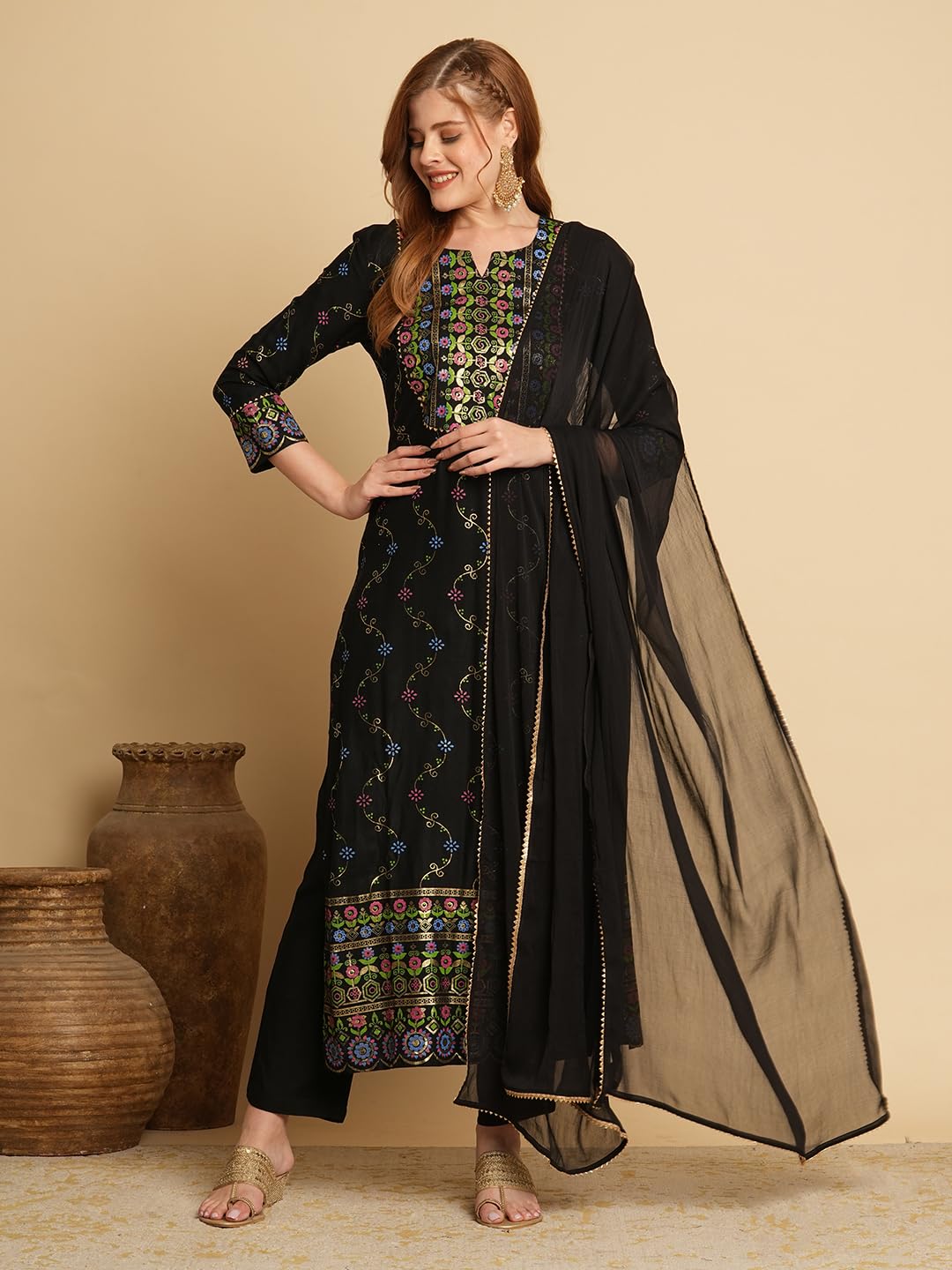 ANNI DESIGNER Ladies Cotton Blend Kurta Trousers with Dupatta Set, Black, S