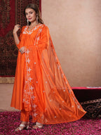 ANNI DESIGNER Womens Rayon Blend Anarkali Thread Work Kurta with Pant & Dupatta (ASHVTHAMA ORANGE-VKS07_3XL_Orange_XXX-Large)