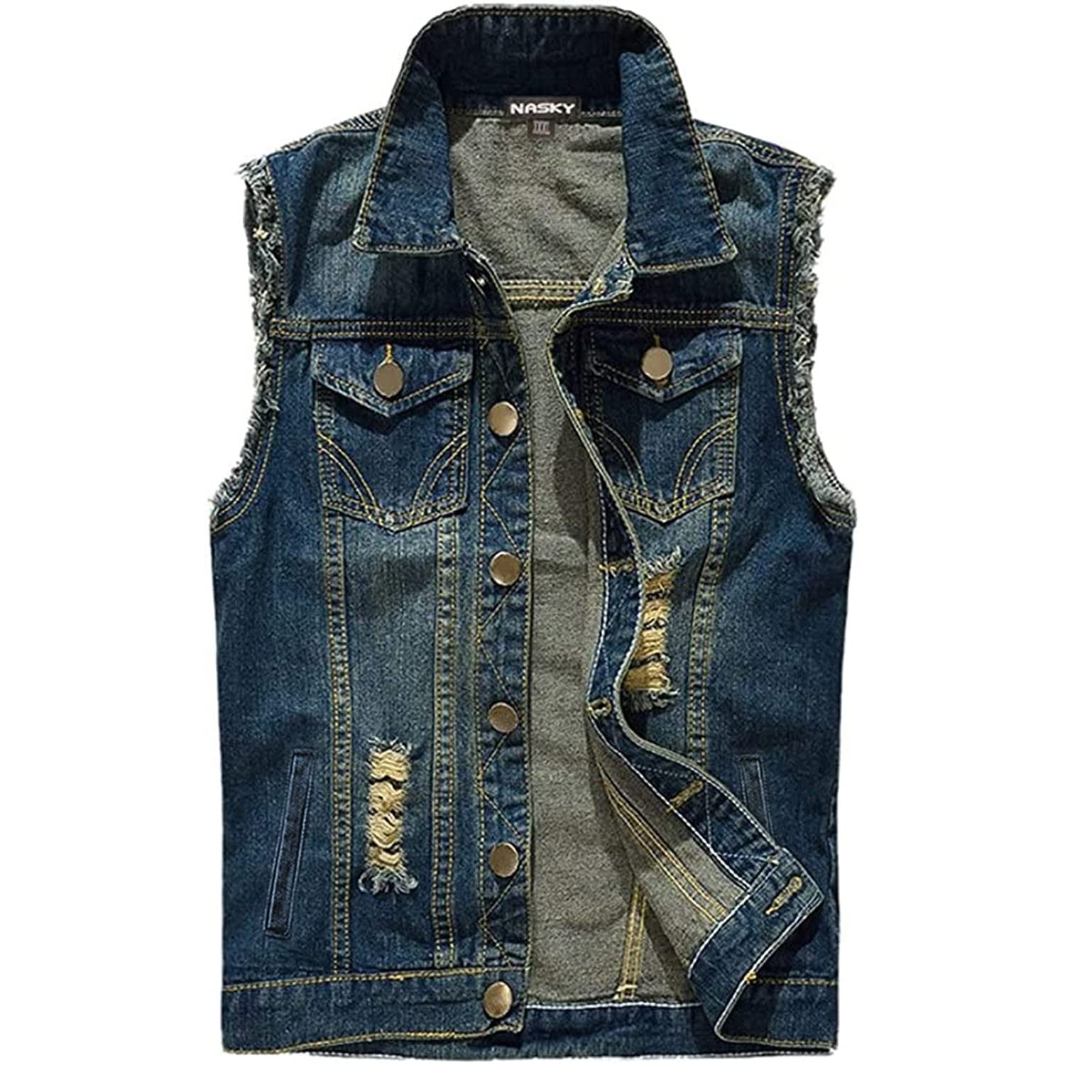 NASKY Men's Fit Retro Ripped Denim Vest Sleeveless Lapel Jean Vest Jacket Waistcoat Top(XX-Large,Dark blue)