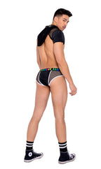 Roma Pride Collection Mens Briefs with Sheer Fishnet Panel and Rainbow Logo, Black/Multi, Large