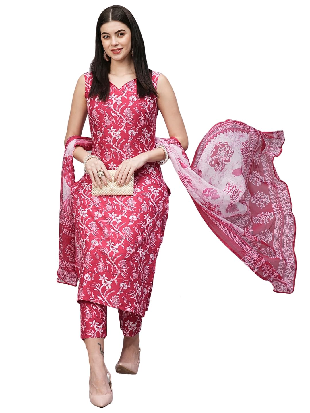 ANNI DESIGNER Womens Rayon Blend Straight Printed Kurta with Pant & Dupatta (Ball-Pink-RMS_L_Pink_Large)