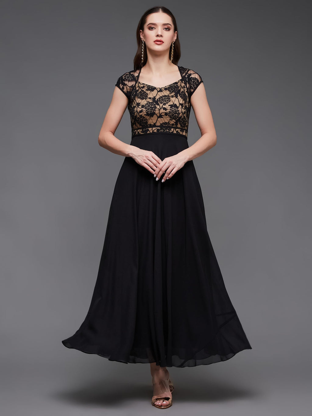 Miss Chase Women Floral V - Neck Cap Short Sleeves Lace Overlaid Fit & Flare With Pockets Paneled Maxi Dress (Mcss21D06-11-62-0