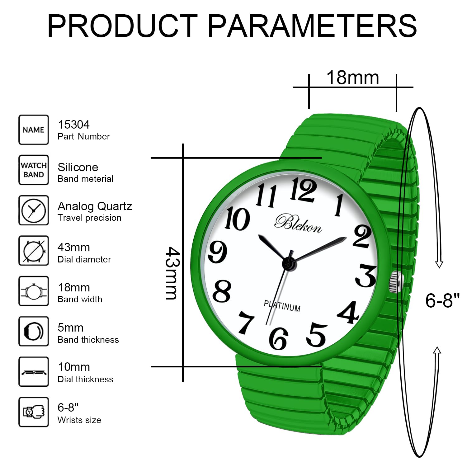 Blekon Collections New Super Large Face Stretch Band Japanese Movement PC21J Fashion Watch (Green)