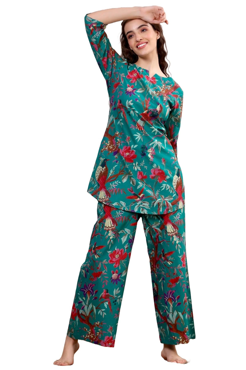 ANNI DESIGNER Women's Rayon Blend Straight Printed Co-Ord Set (IPX GREEN_M_Green_Medium)