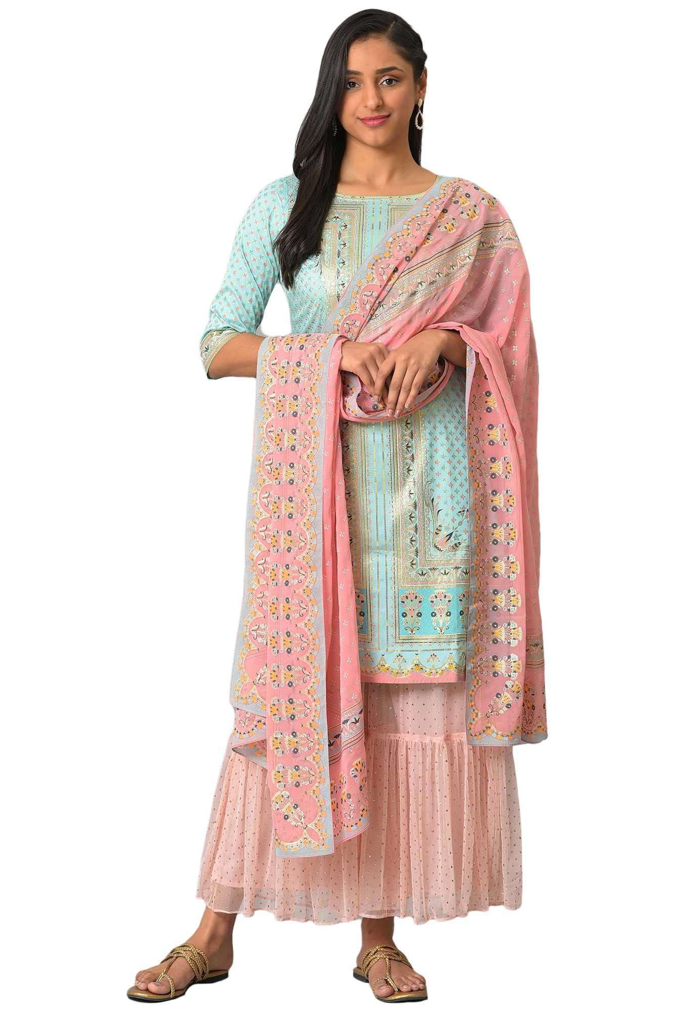Blue Floral Printed Kurta With Pink Net Sharara And Dupatta (Size: S)-24Aud10515-504577