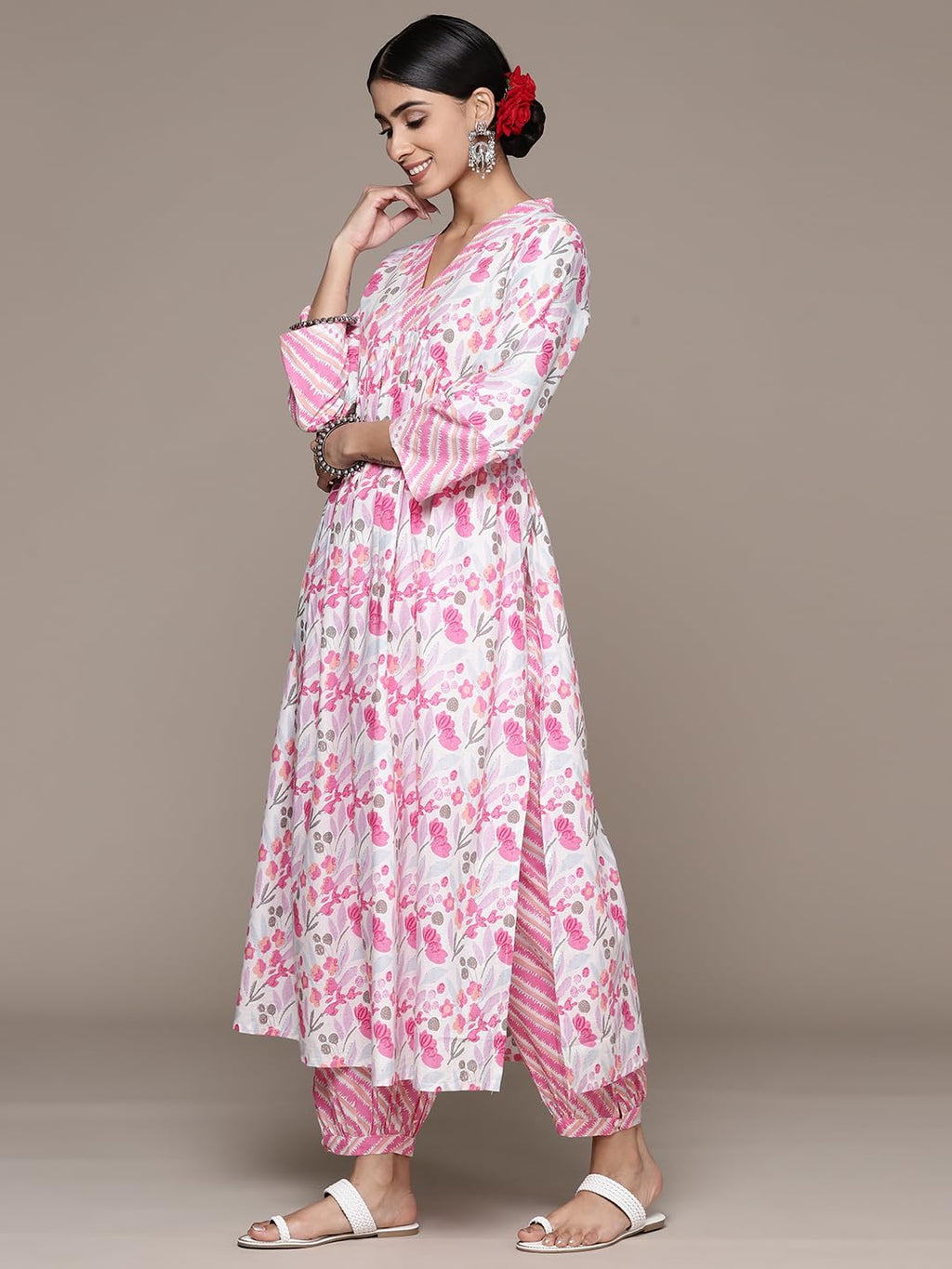 Ishin Women'S Pure Cotton Printed Pink A-Line Kurta Suit Set With Pants