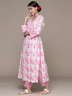 Ishin Women'S Pure Cotton Printed Pink A-Line Kurta Suit Set With Pants