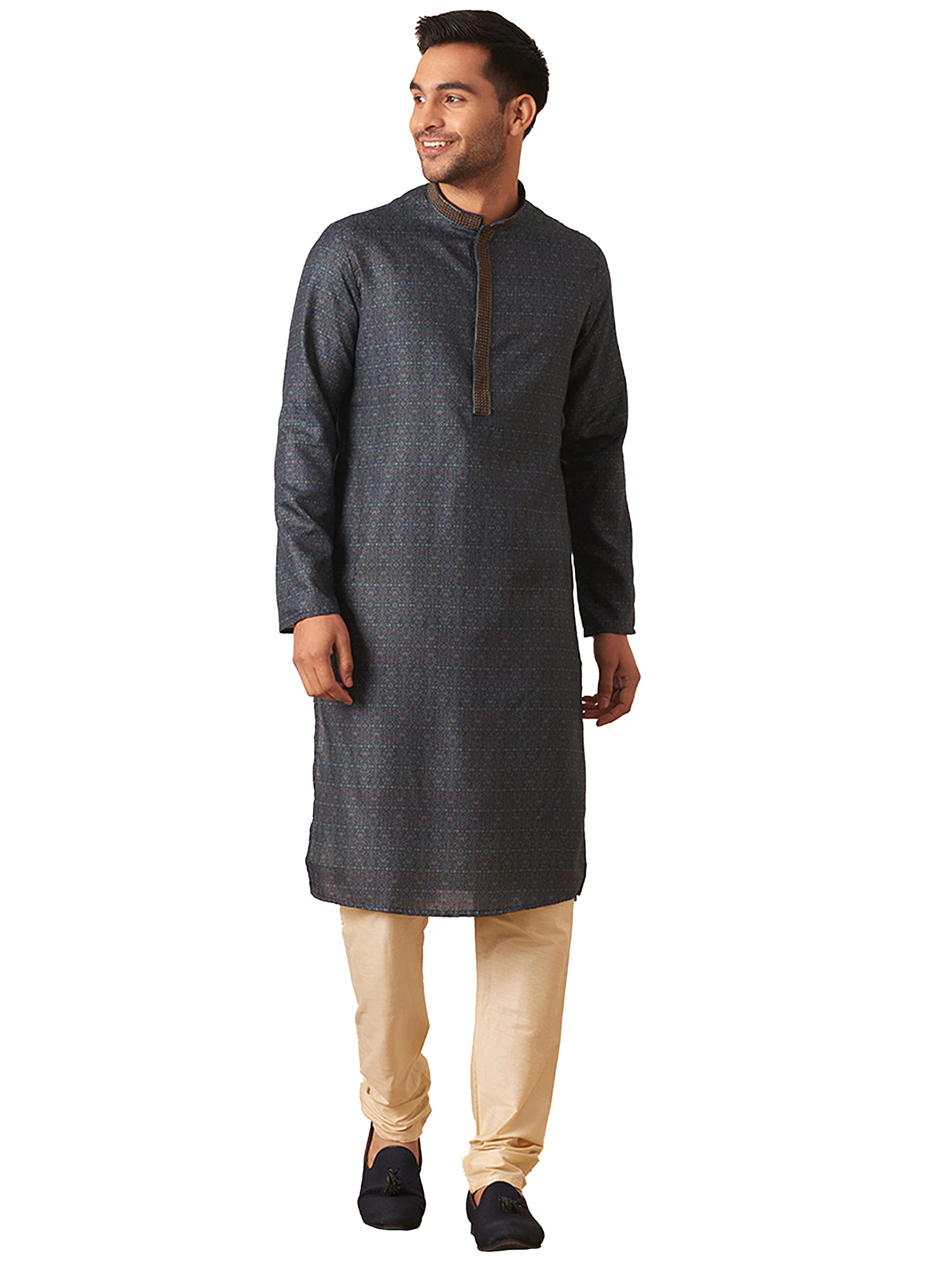 Manyavar Kurta Set For Men, Full Sleeves Mandarin Collar Ethnic Kurta & Churidar Set Art Silk Printed Set (Blue, M)
