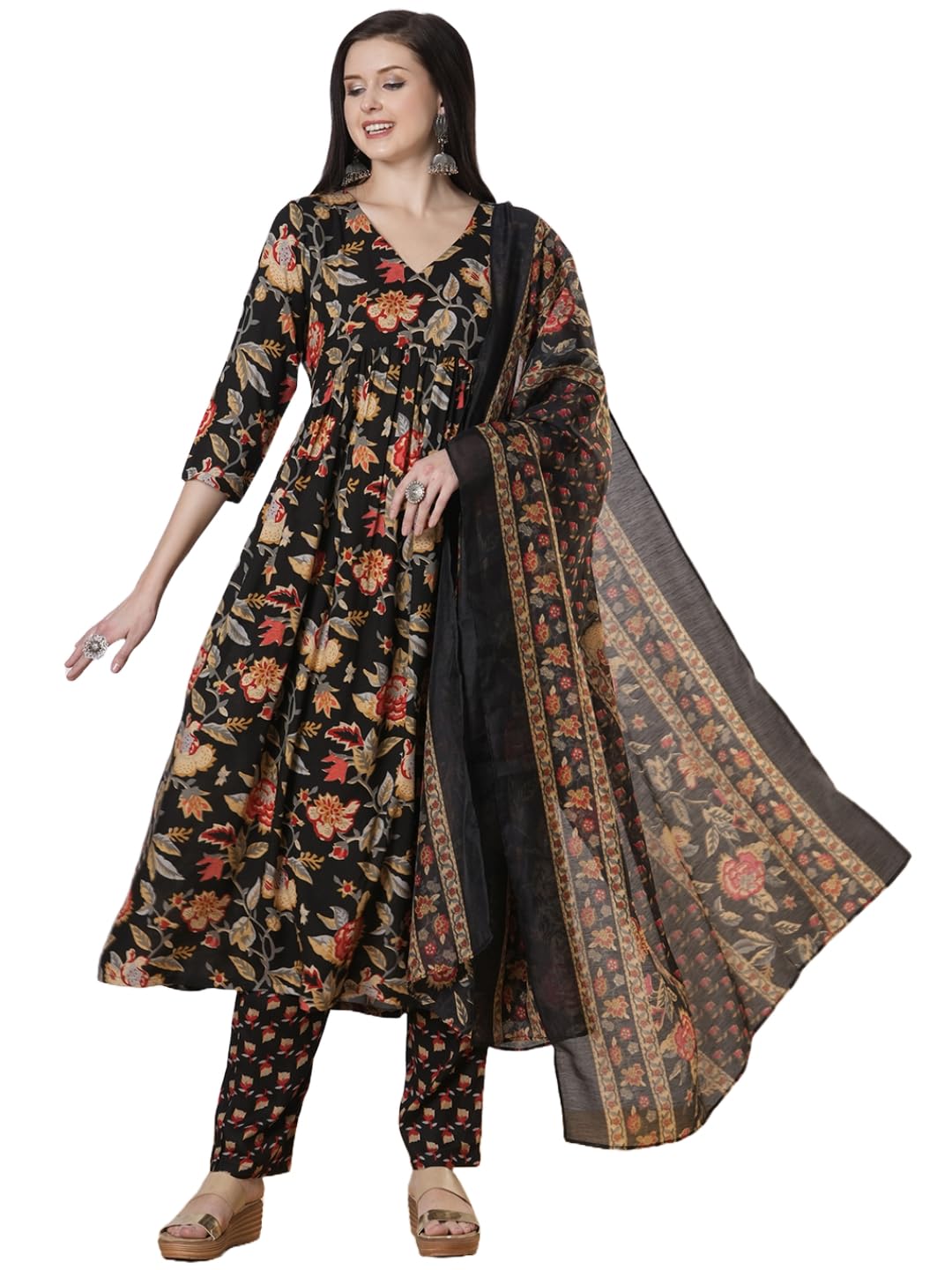 ANNI DESIGNER Anarkali Women s Printed Viscose Kurta with Trousers and Dupatta, Black, 44
