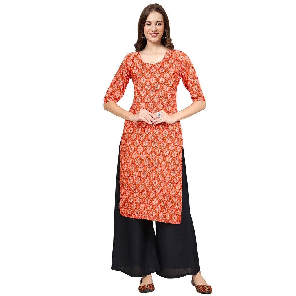 Pinkmint Womens Crepe Orange Color Embellished Printed Straight Kurti(MD-530354_M)