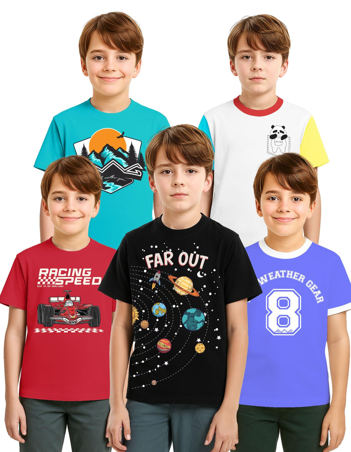Awg All Weather Gear BoyS Organic Cotton Printed TShirts (Pack Of 5) | Regular Half Sleeves | Round Neck Tees | Tshirt For Boy 13-14