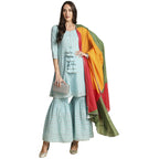 Anubhutee Women'S Cotton Blue Gota Patti Geometric Printed A-Line Kurta Suit Set With Sharara And Dupatta