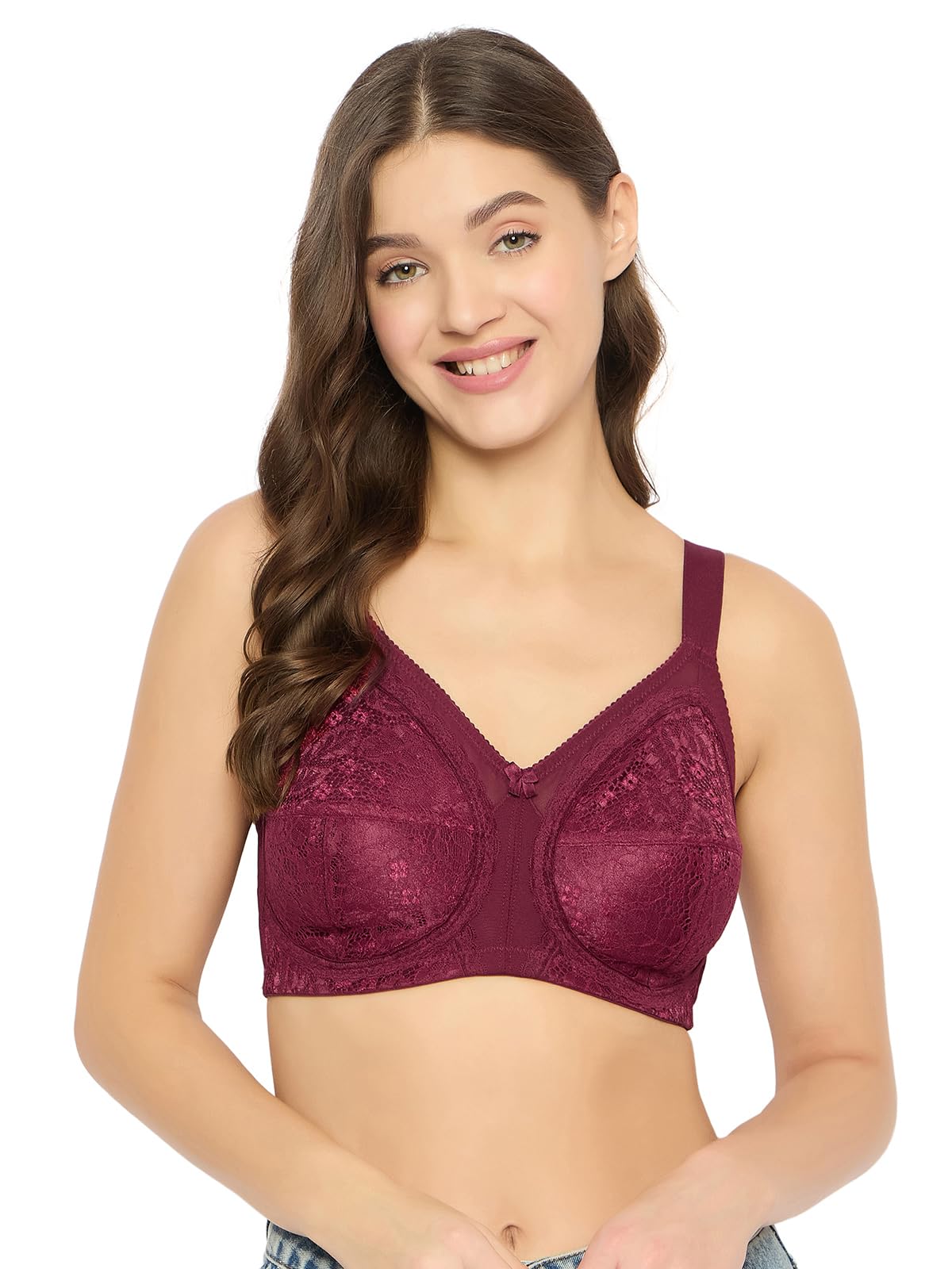 Clovia Lace Solid Non-Padded Full Cup Wire Free Minimizer Bra (BR2353A09_Maroon_32E)