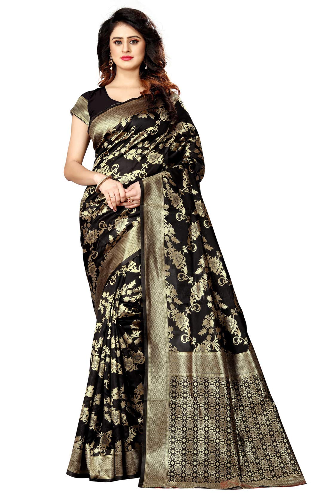 Shasmi Black and Golden Silk Blend Kanchipuram Jacquard Woven Designing Saree for Women (San Pari 37