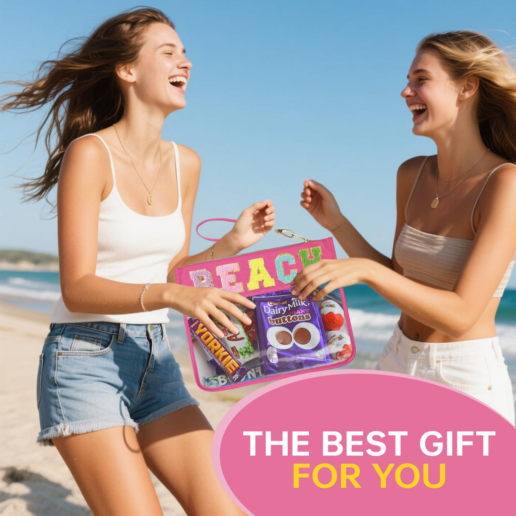 Burskit Beach Bag,Sunscreen Bag, Chenille Letter Clear Zipper Pouch for Travel Preppy Patch Makeup Bag-Nylon Cosmetic Preppy Mak