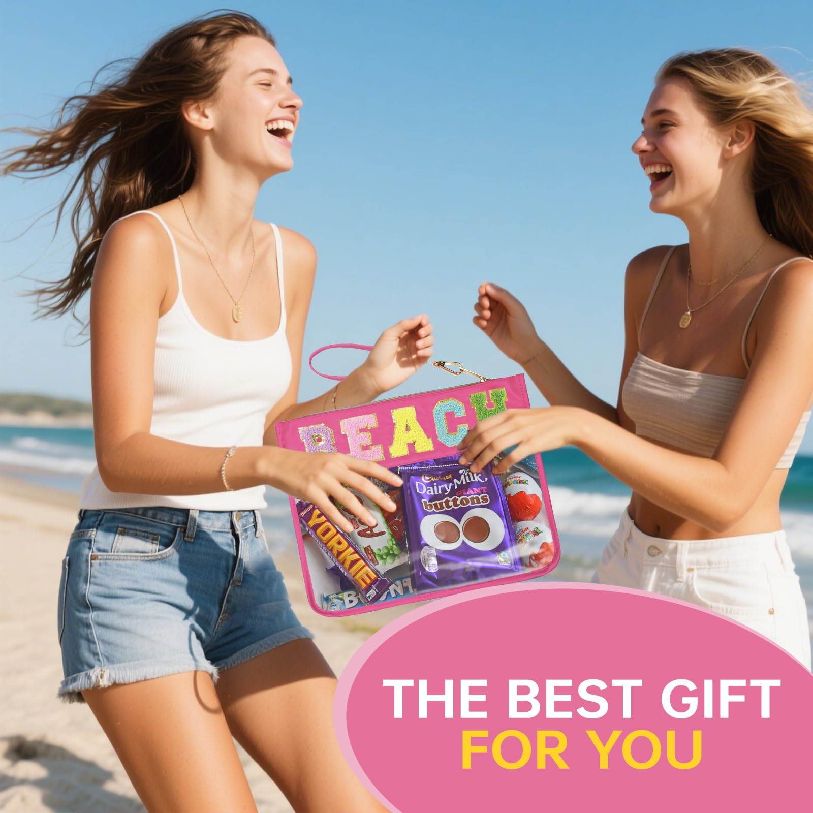 Burskit Beach Bag,Sunscreen Bag, Chenille Letter Clear Zipper Pouch for Travel Preppy Patch Makeup Bag-Nylon Cosmetic Preppy Mak