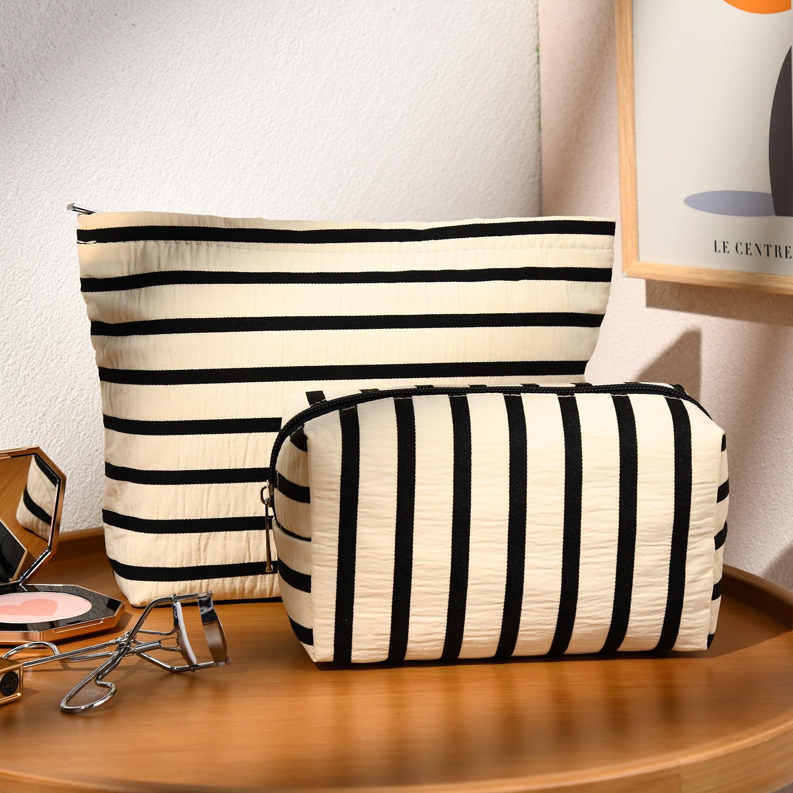 SOIDRAM 2 Pieces Makeup Bag Large Stripe Cosmetic Bag Capacity Canvas Mix Travel Toiletry Bag Organizer Cute Makeup Brushes Aest