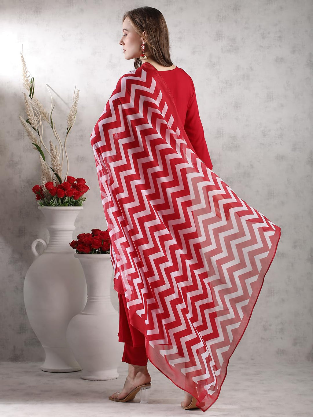 ANNI DESIGNER Women s Rayon Blend Kurta with Pants and Dupatta, Red, L