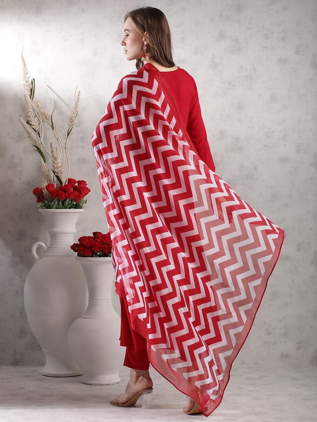 ANNI DESIGNER Women s Rayon Blend Kurta with Pants and Dupatta, Red, L
