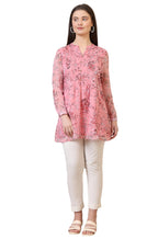 Aurelia WomenS Pink Floral Printed Pintuck Yoke Organza Straight Short Kurti (Size: L)-A30507-508776