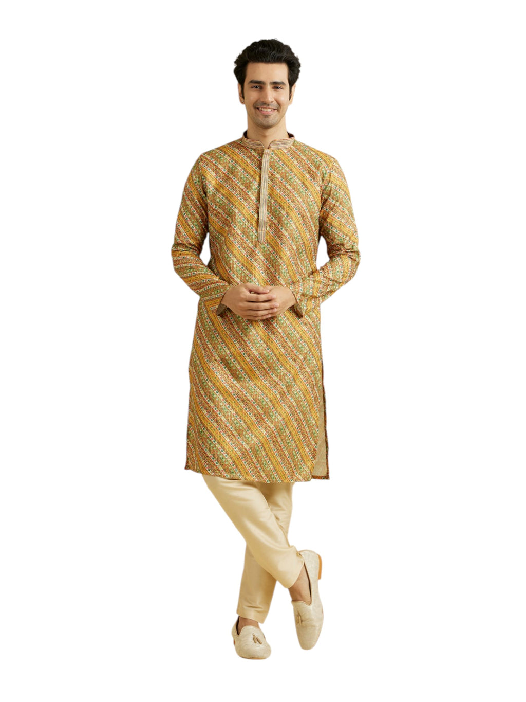 Manyavar Mens Cotton Blend Diagonal Print Kurta Pyjama Set (Mustard,XXL)