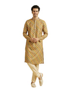 Manyavar Mens Cotton Blend Diagonal Print Kurta Pyjama Set (Mustard,XXL)