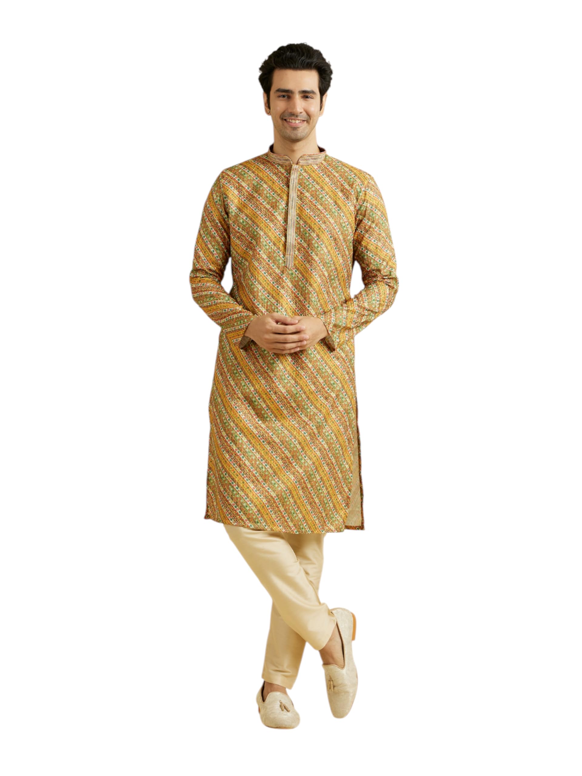 Manyavar Mens Cotton Blend Diagonal Print Kurta Pyjama Set (Mustard,XXL)