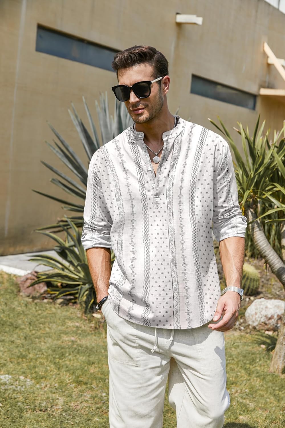 Zombom MenS Cotton Blend Solid Regular Fit Full Sleeve Printed Short Kurta | Ethnic, Lightweight Summer Kurta For Daily & Occas