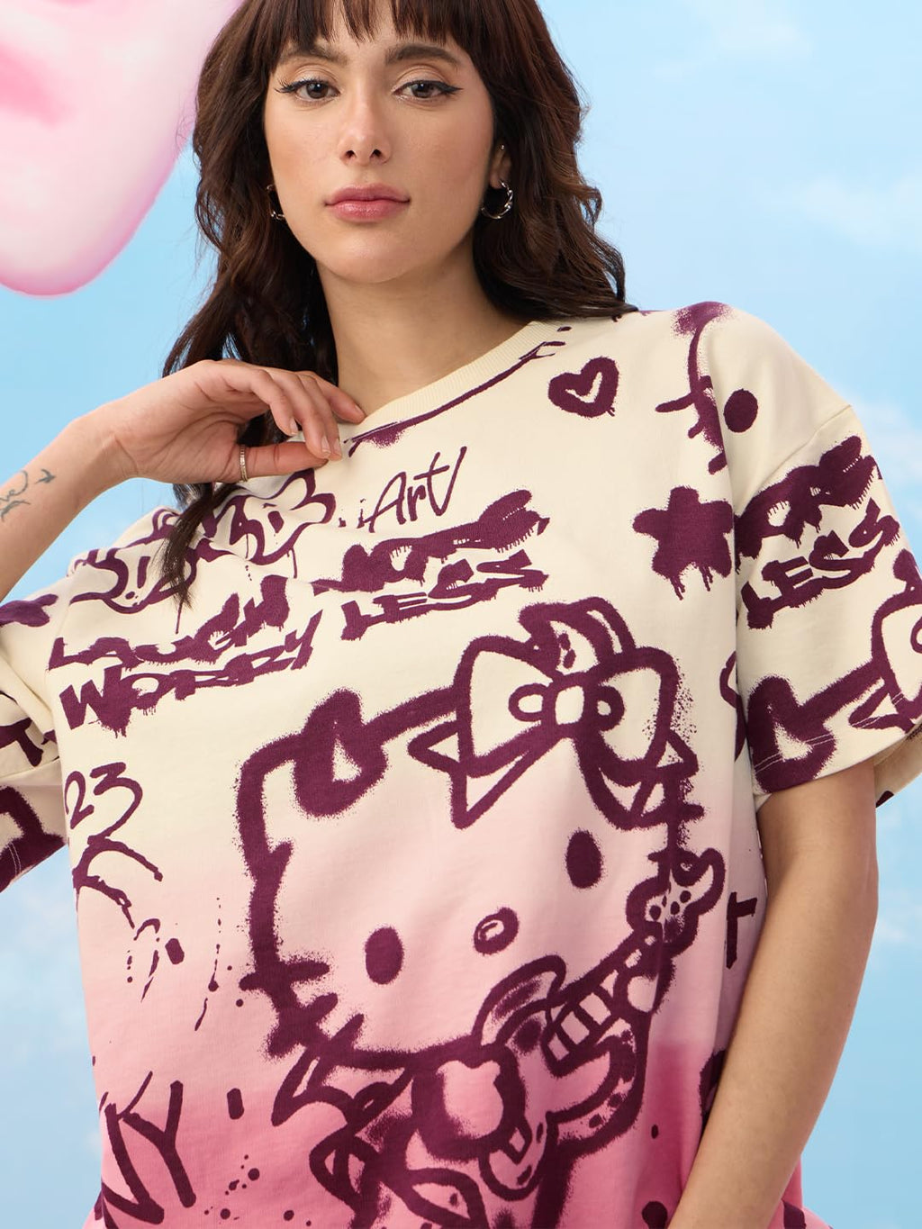 The Souled Store Official Hello Kitty: Laugh More Women and Girls Short Sleeve Round Neck Graphic Printed Cotton Oversized T-Shi