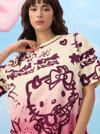 The Souled Store Official Hello Kitty: Laugh More Women and Girls Short Sleeve Round Neck Graphic Printed Cotton Oversized T-Shi