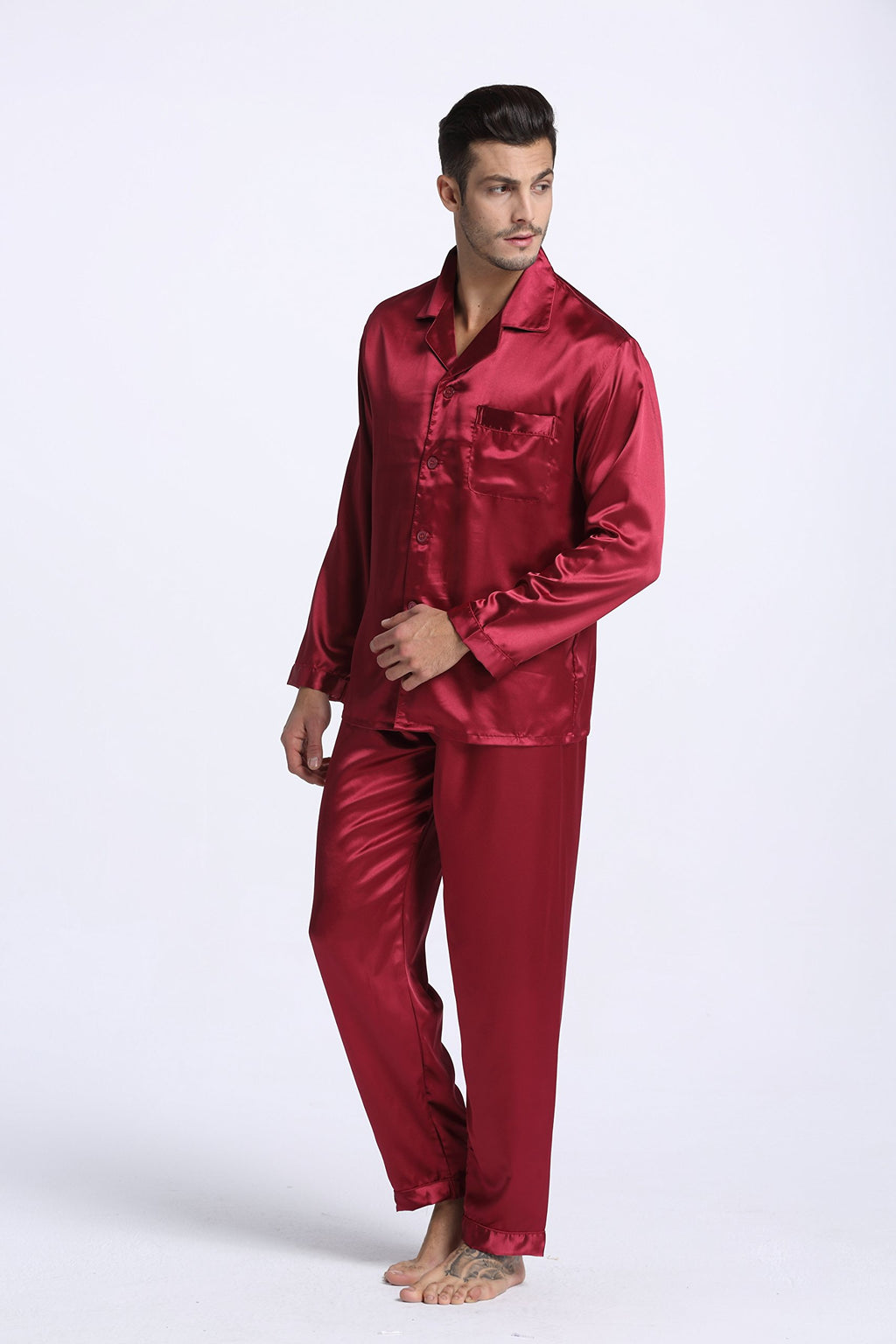 TONY & CANDICE Men's Classic Satin Pajama Set Sleepwear (Burgundy, XXXX-Large)