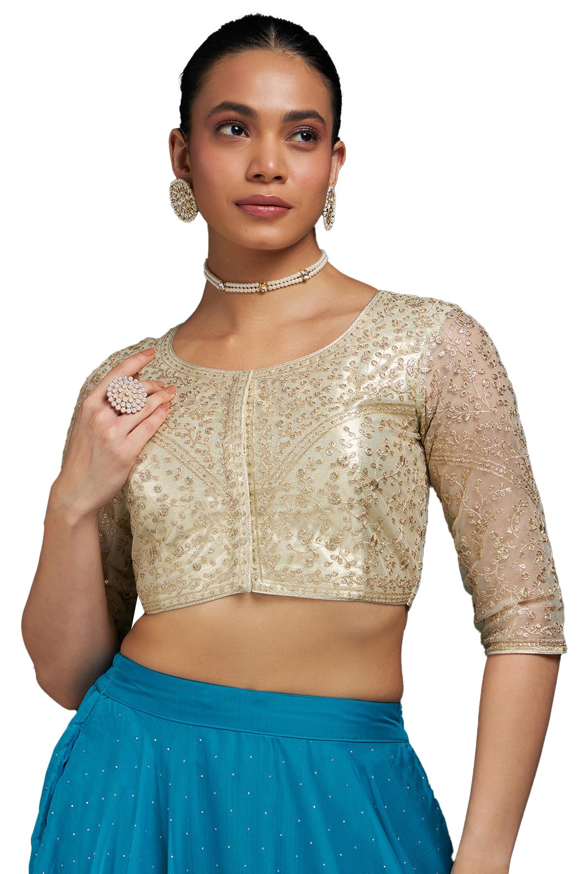 Soch Women Net Floral Embroidered Sequin Embellished Front-Open Blouse