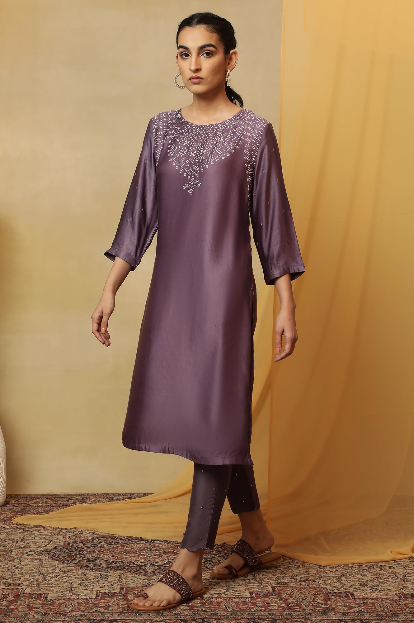 W For Woman Women'S Viscose Bandhej Regular Kurta (23Maf11626-910753_Purple Haze