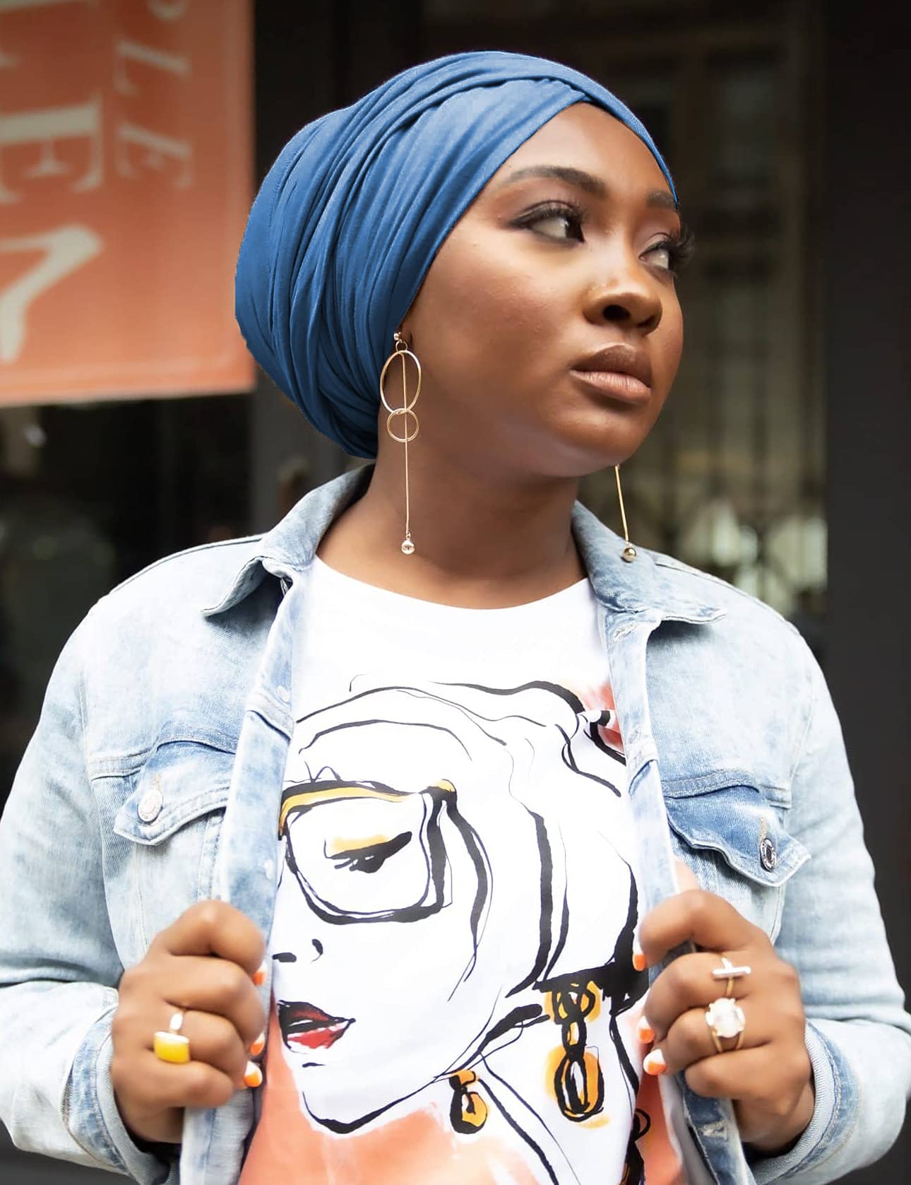 Harewom Headscarf for Black Women Fashion Long Stretch Jersey Turban Hair Wrap for Muslim Locks Headbands Steel Blue