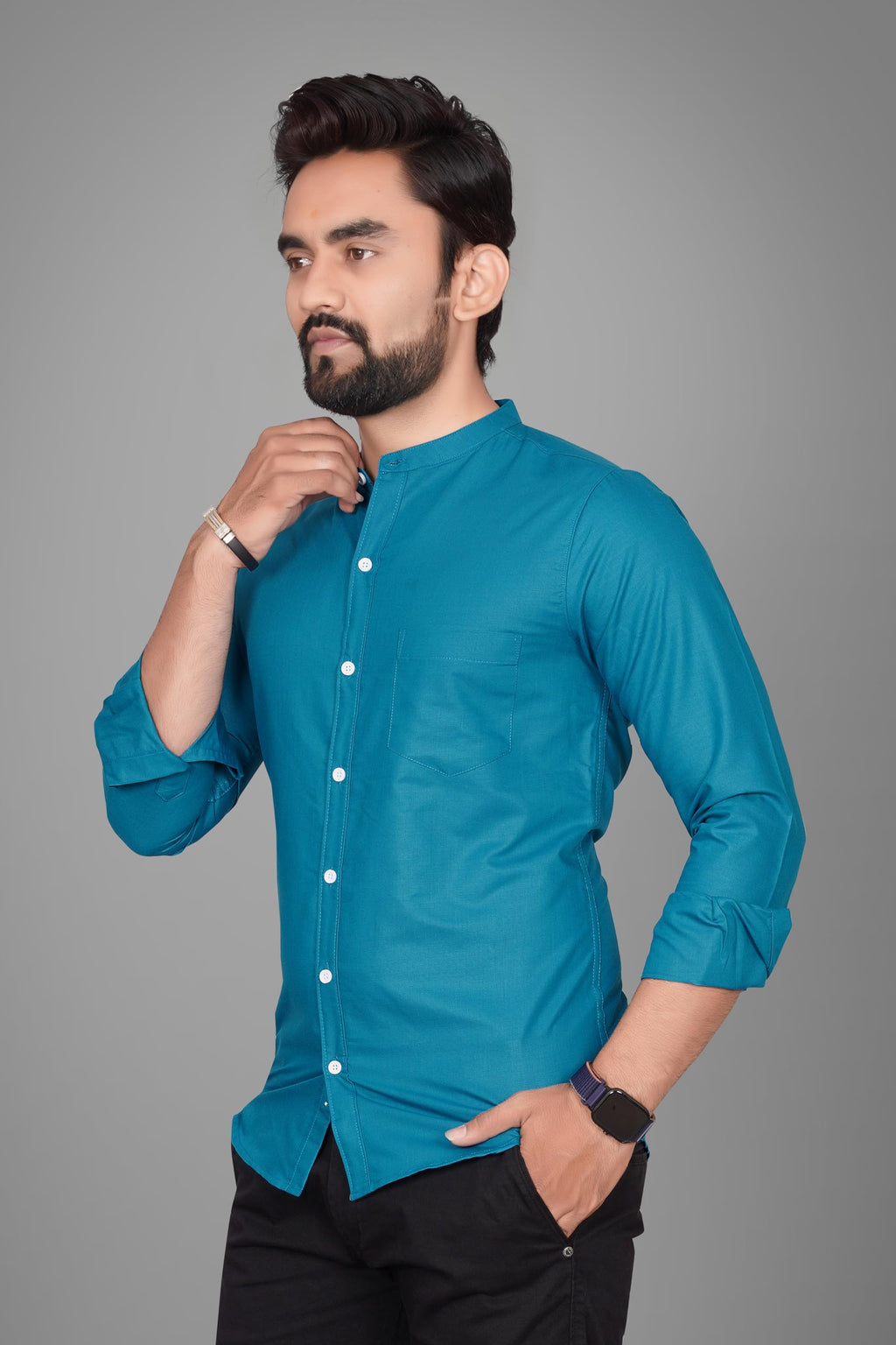 Besix MenS Regular Fit Solid Cotton Shirt | Chinese Collar | Casual | Plain | Branded | Mandarin Collar | Full Sleeve | Summer