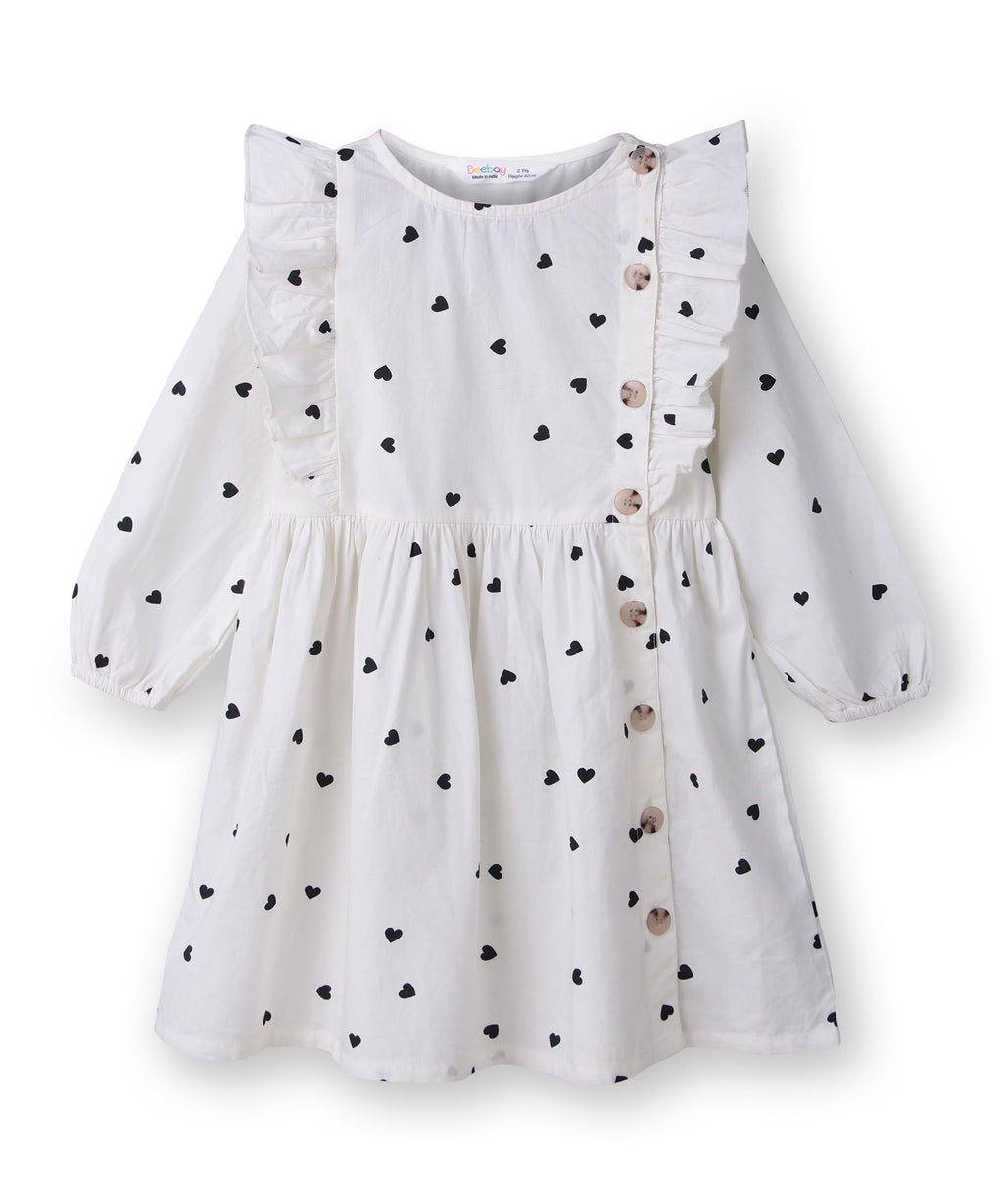Button through heart print dress White