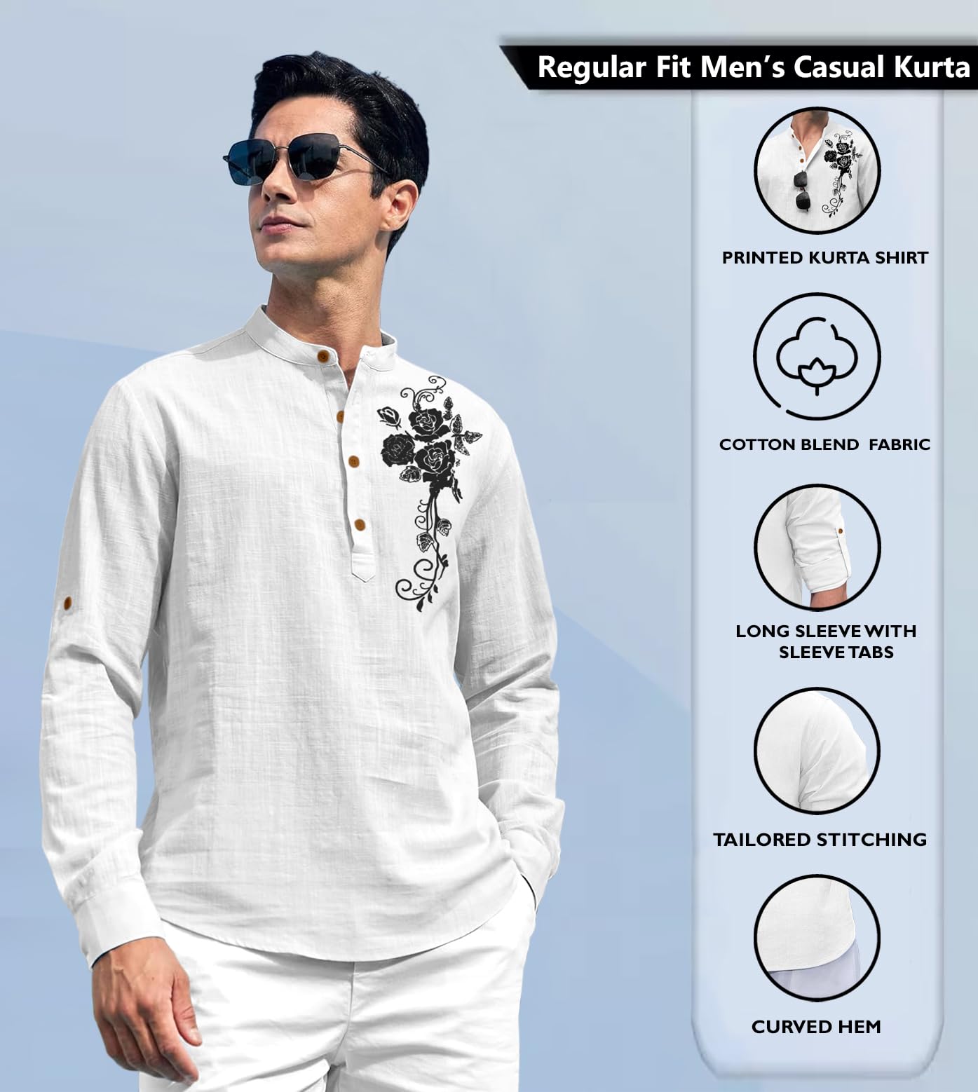 Zombom MenS Cotton Blend Mandarin Collar Self One Design Printed Full Sleeve Casual Short Kurta Shirt White