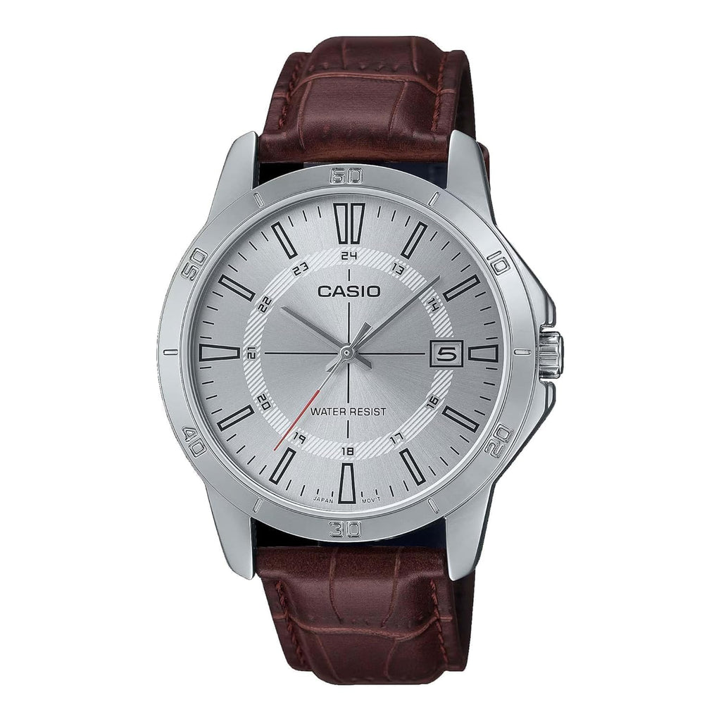 Casio Standard Analog Brown Leather Strap Silver Dial Quartz MTP-V004L-7C Men's Watch