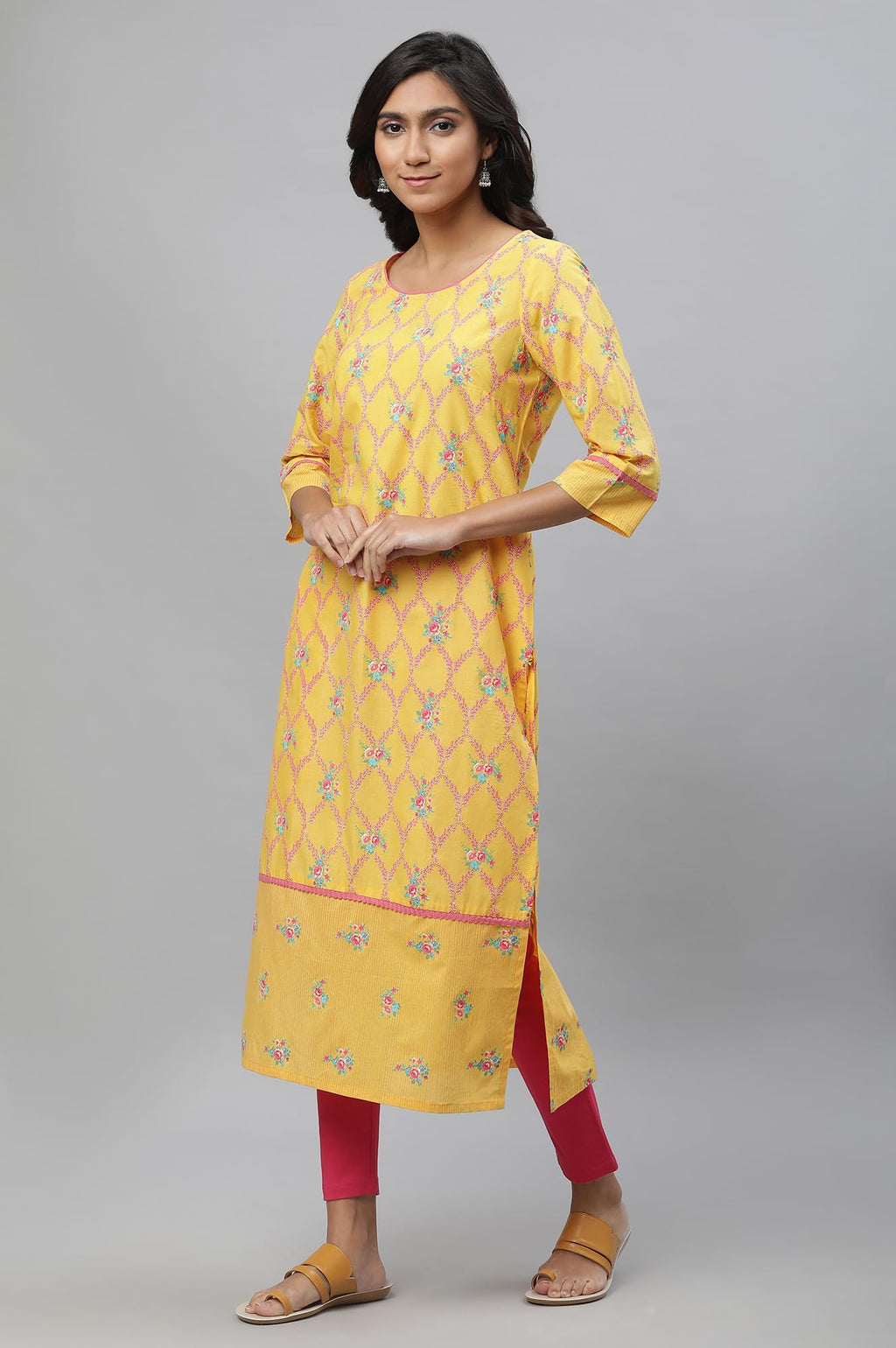 Aurelia Yellow Floral Printed Printed Cotton Lace Straight Long Kurta