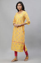 Aurelia Yellow Floral Printed Printed Cotton Lace Straight Long Kurta