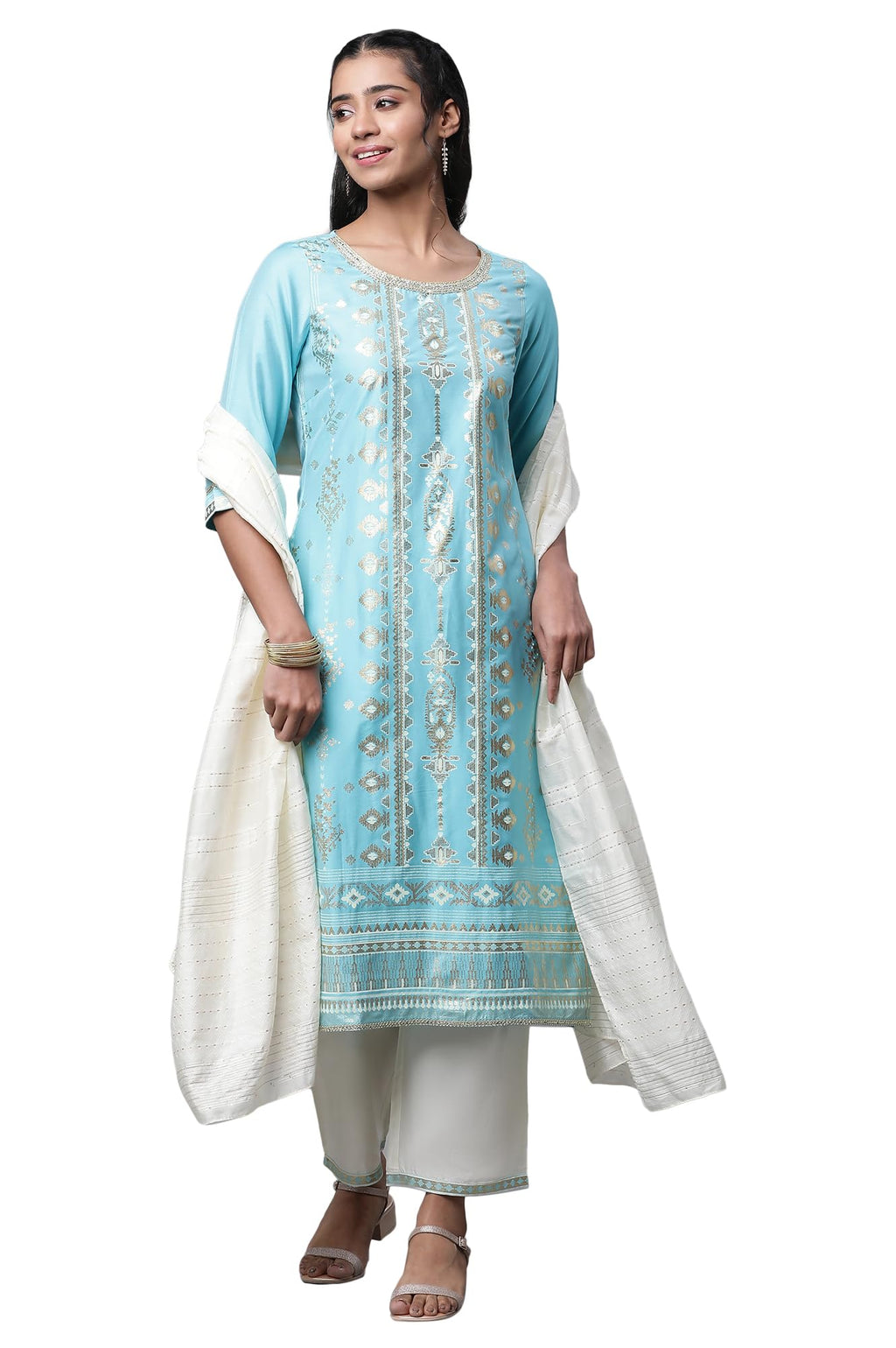 Aurelia Women Sea Jet Viscose Straight Kurta, Trousers, Dupatta Suit Set