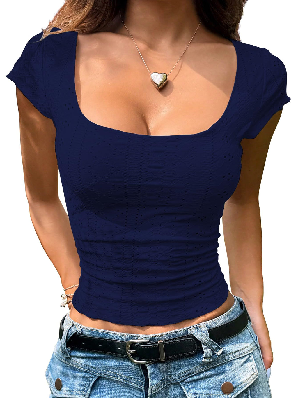 Sugathari Girls & Womens Navy Blue Eyelet Embroidery Knitted Square Neck Casual Slim Fit Women T-Shirt, Short Sleeve Schiffli 