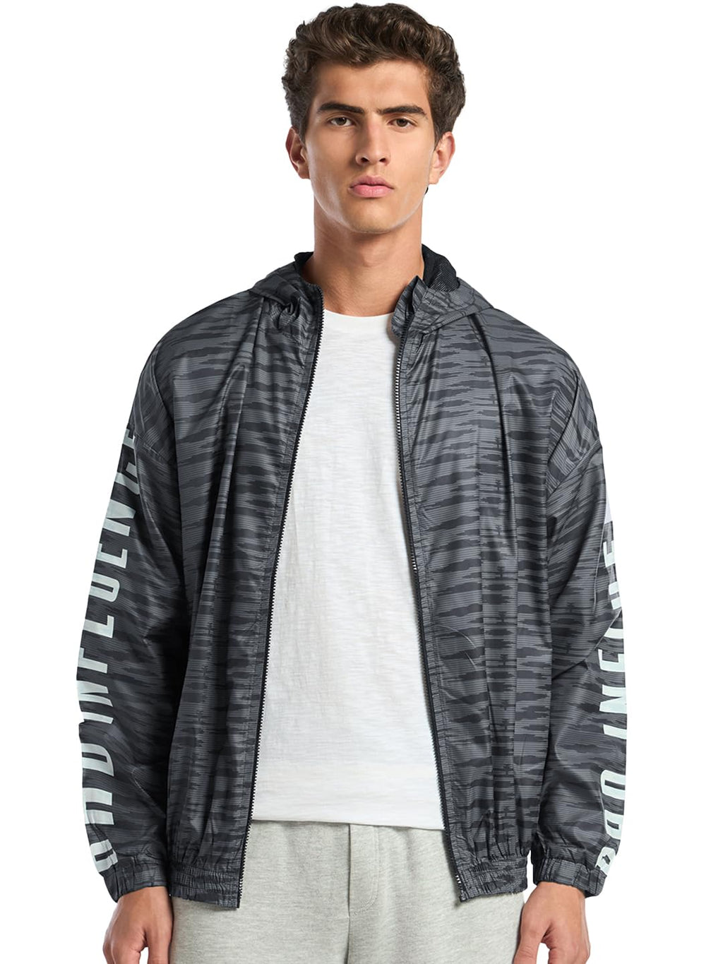 Bewakoof Air 1.0 Mens Typography Super Loose Fit Full Sleeve Hooded Neck Nylon Windcheater Jacket_ 601628 Grey S