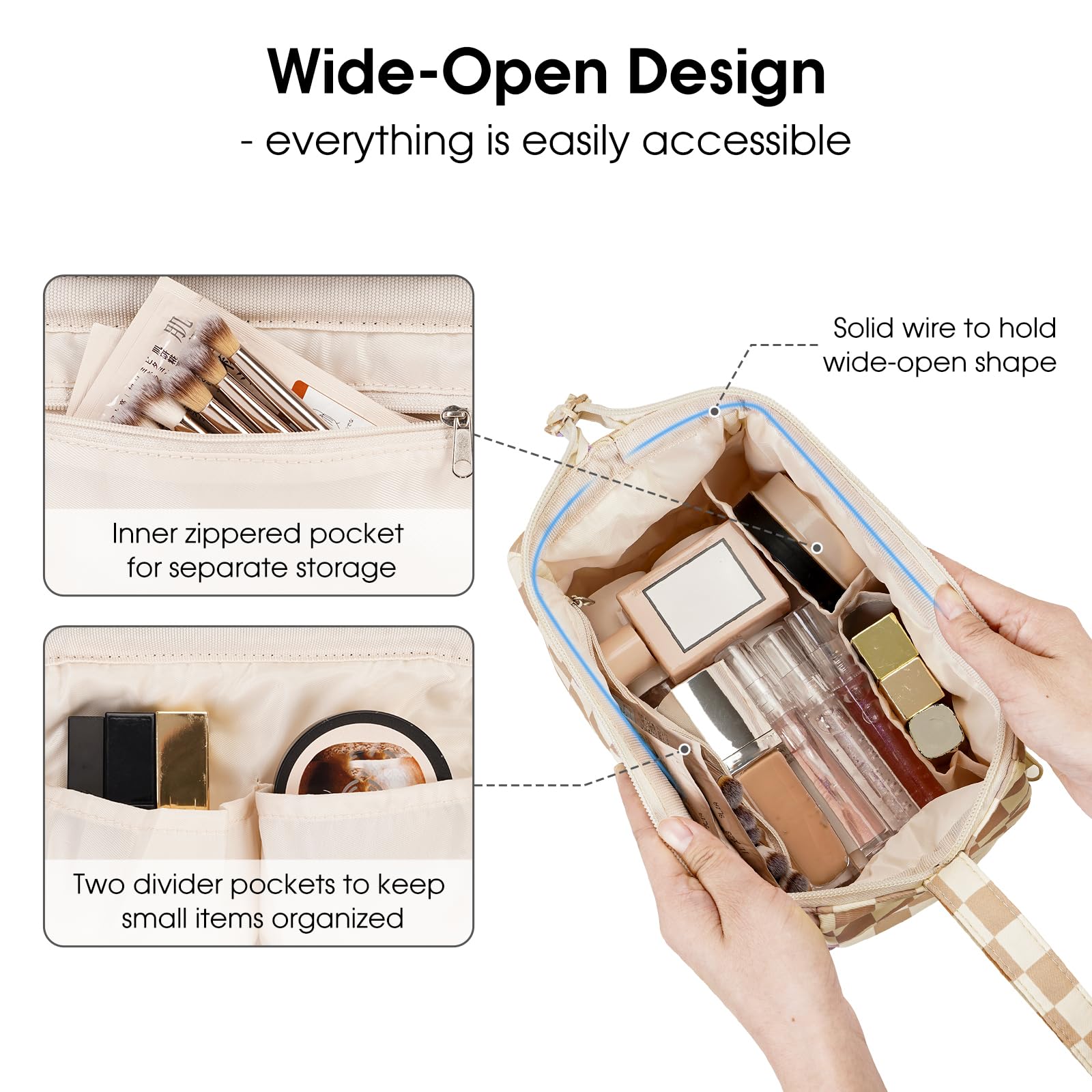 Narwey Large Women Makeup Bag Wide-open Make up Bag Travel Cosmetic Organizer Toiletry Bag for Cosmetics Toiletries Accessories